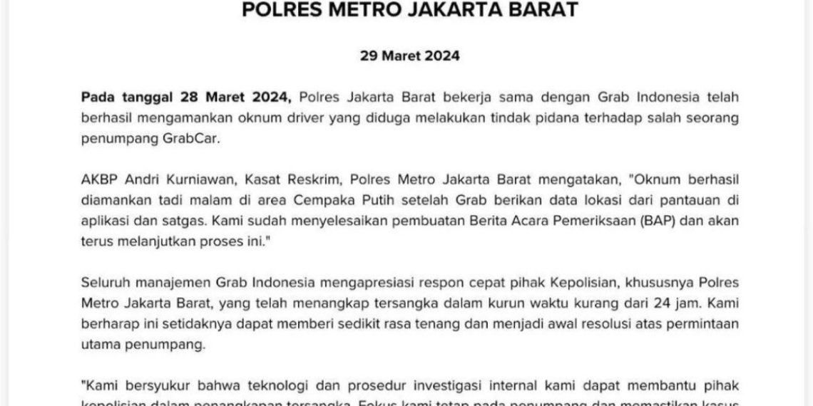 Polres Jakarta Barat Bersama Grab Tangkap Driver Tersangka Pemerasan